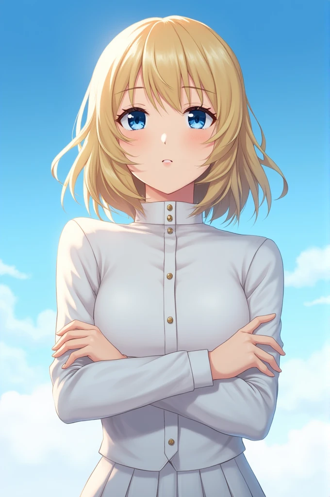 18 year old blonde girl, crossed arms, blue eyes, white skin in sky blue uniform
