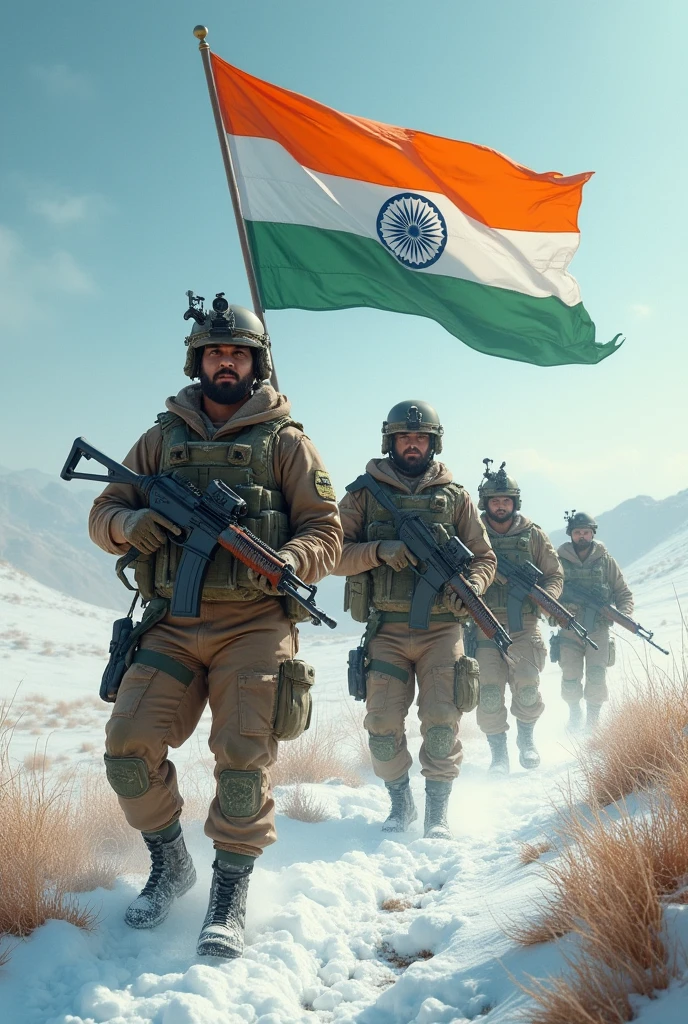 Create a photo with Indian flag and Indian military soldiers with guns at the boarder in cold desserts fighting for the nation and write " Be a citizen, worth fighting for " in the photo