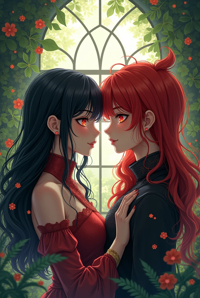 Anime couple, black red mixing hairs red eyes,plants in background, window with sunlight, age 15 myth