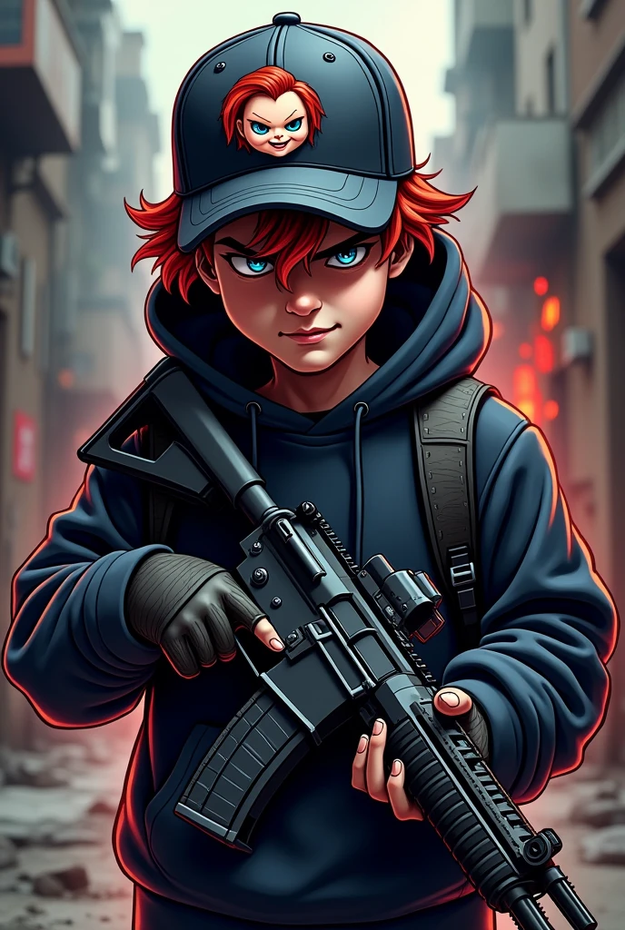 Create a mascot logo where the mascot is a gamer boy with a hoodie, carrying an AK-47 and wearing a cap with a Chucky doll on it.