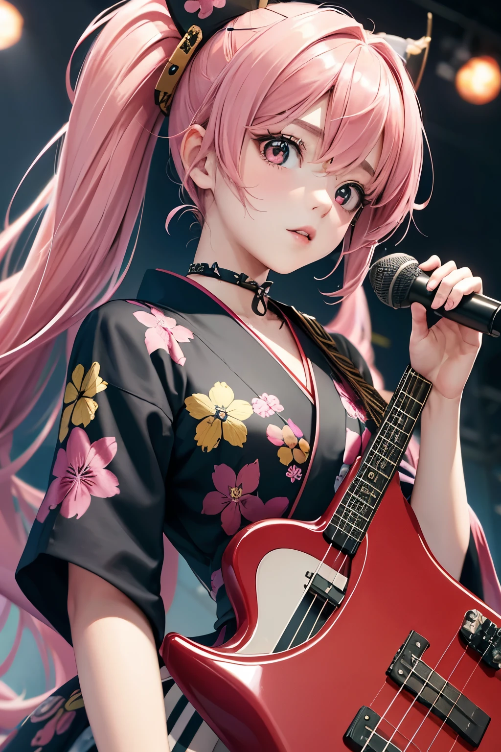 masterpiece, best quality, very detailed, high resolution, expensive resolution, high resolution, 4K, 8k, Unity 8k wallpaper, highly detailed CG, masterpiece, 2D, 3D, beautiful details, depth, fine texture, best quality: 1.3, perfect focus, crispy skin, he,
Very cute anime girl, girl playing baseguitar vocals in a band wearing a Japanese fancy floral haori hakama, on outdoor stage, full body, expensive pink twin tail hair, mole under eye, looking at the viewer, expensive, blush, mole, lips open, , heart choker, pink eyes, guitar vocals, stage,Full body of an anime girl with pink twin-tailed hair wearing a Japanese kimono and playing a bass guitar on stage at a cyberpunk festival