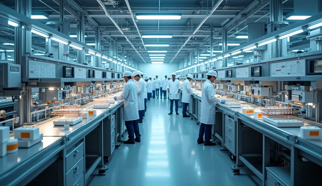 A vast pharmaceutical manufacturing facility hums with activity, where rows of gleaming stainless steel equipment churn out countless pills, vials, and bottles. In one area, white-coated scientists and technicians meticulously measure and mix raw chemical compounds, their hands moving with precision under the sterile glow of overhead lights. Automated robotic arms handle the products with delicate care, ensuring each batch meets stringent quality standards. In the background, conveyor belts move methodically, transporting finished goods to be packaged, labeled, and prepared for global distribution. The air is thick with the scent of antiseptics and the sound of machinery, all contributing to the relentless pursuit of innovation and healing within the pharmaceutical industry.