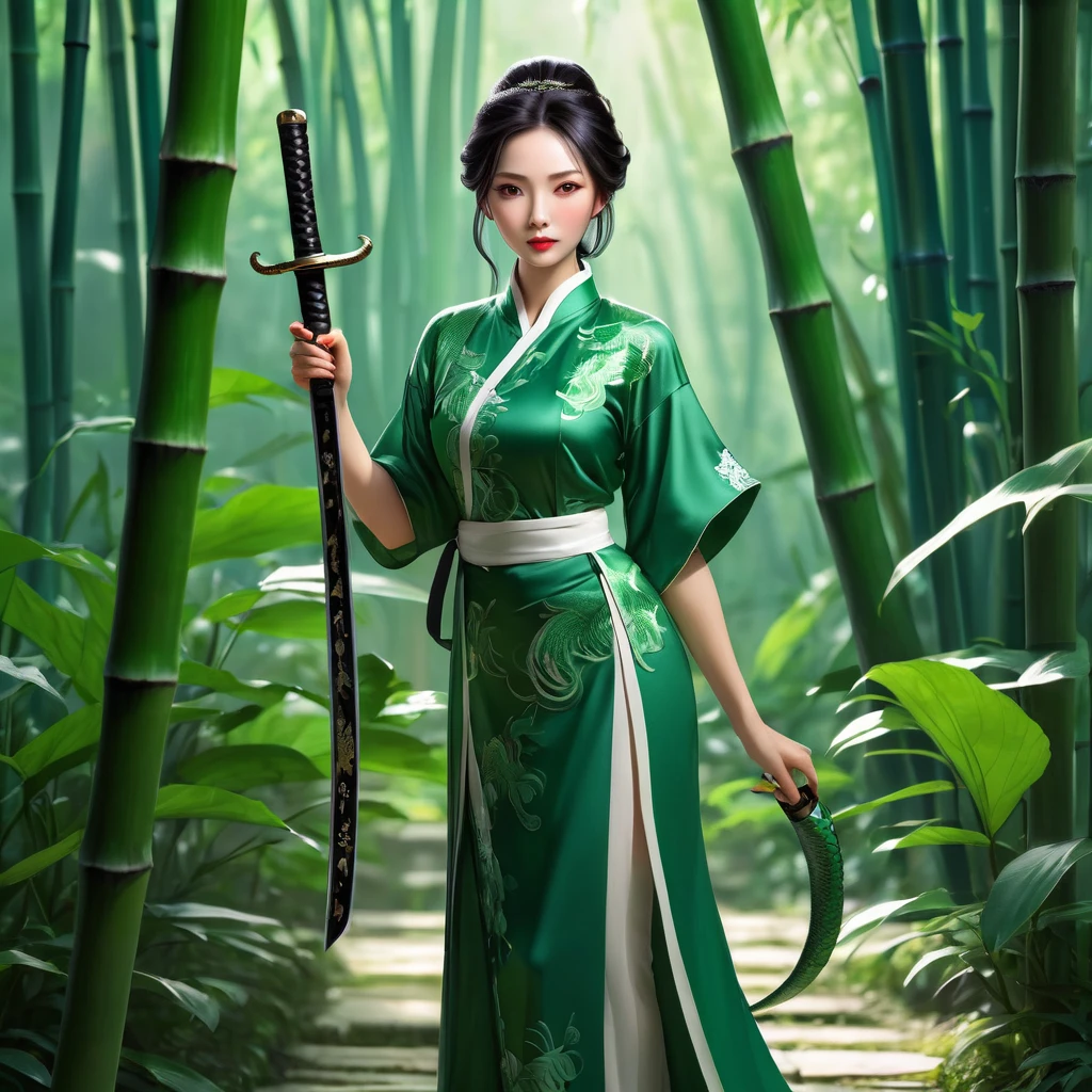 (masterpiece, best quality:1.2),Wavy hair maid，solitary,wear glasses，Exquisite eyes,Fine black hair，Charming Eyeshadow( Green people:1.2)( Snake scale skin:1.2)，Chinese,( Smooth skin:1.2)，whole body， Slender body proportions，Moist and sexy plump lips，Long legs，Perfect fingers，High heel，( Back pose 1.2), (Rear view 1.2)，A Chinese female warrior in ancient attire，Standing in the middle of the bamboo forest path holding a sword in one hand，Looking at the camera，There is an illusory green snake shadow behind。