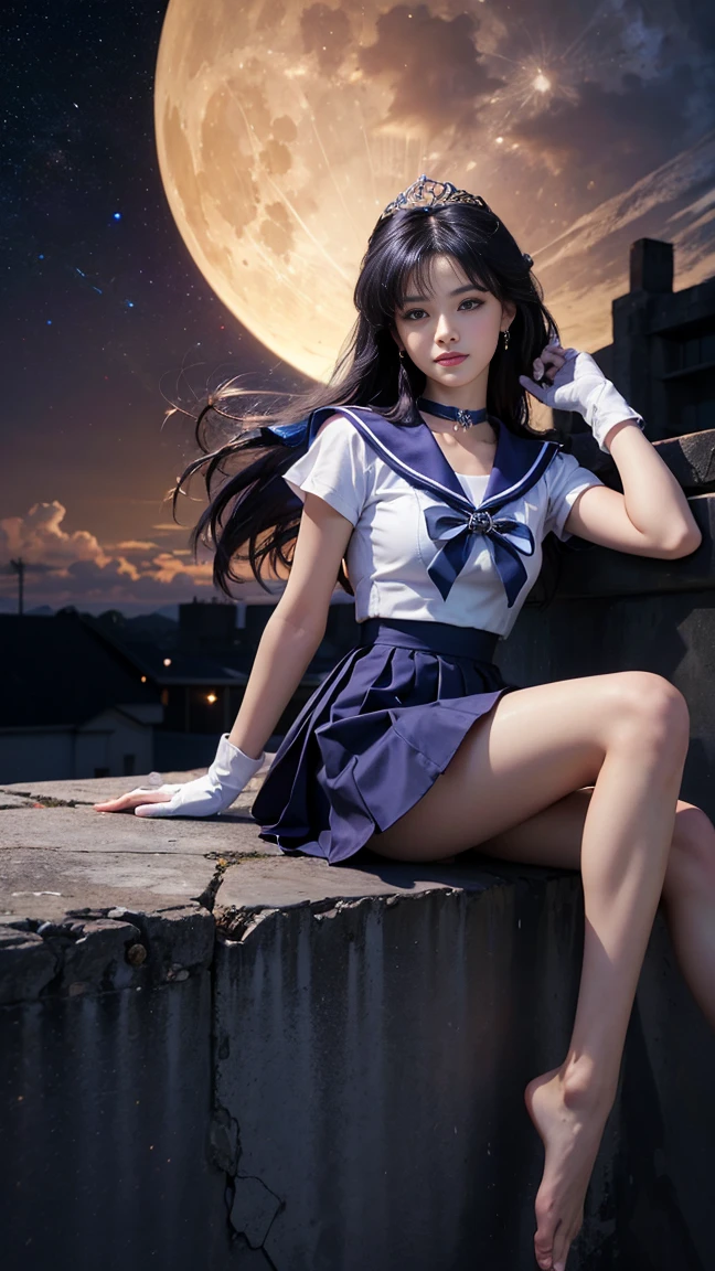 Sailor Mercury,1 person,Long Hair, (high quality,8k,Black Hair, Realistic, 最high quality, Purple dyed hair, Purple Hair, lumasterpiece,Very detailed, Confused)1.5,((Summer 1, tiara, Sailor Warrior Uniform, White gloves, Blue sailor collar, Blue Skirt)),City of night,White gloves,Purple ribbon,Purple eyes,masterpiece,最high quality,High resolution,Same 1,tiara,Sailor Warrior Uniform,White gloves,Blue sailor collar,Blue Skirt,Star Choker,Elbow hand pockets,Pleated skirt,barefoot,Purple ribbon,space,moon,Cowboy Shot,smile,