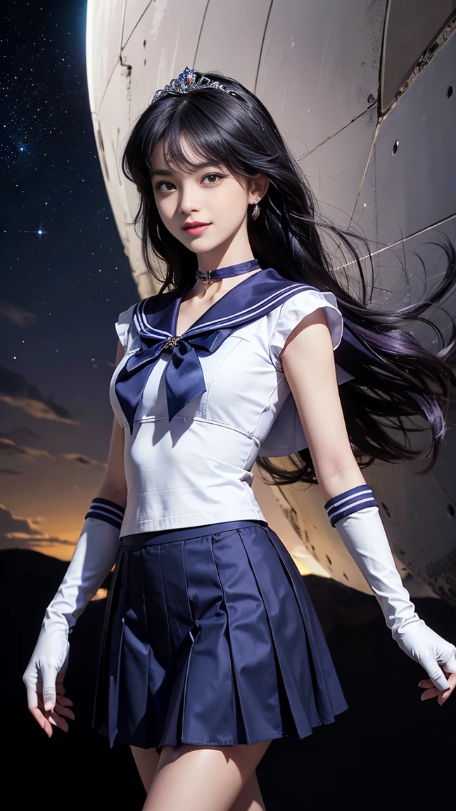 Sailor Mercury,1 person,Long Hair, (high quality,8k,Black Hair, Realistic, 最high quality, Purple dyed hair, Purple Hair, lumasterpiece,Very detailed, Confused)1.5,((Summer 1, tiara, Sailor Warrior Uniform, White gloves, Blue sailor collar, Blue Skirt)),City of night,White gloves,Purple ribbon,Purple eyes,masterpiece,最high quality,High resolution,Same 1,tiara,Sailor Warrior Uniform,White gloves,Blue sailor collar,Blue Skirt,Star Choker,Elbow hand pockets,Pleated skirt,barefoot,Purple ribbon,space,moon,Cowboy Shot,smile,