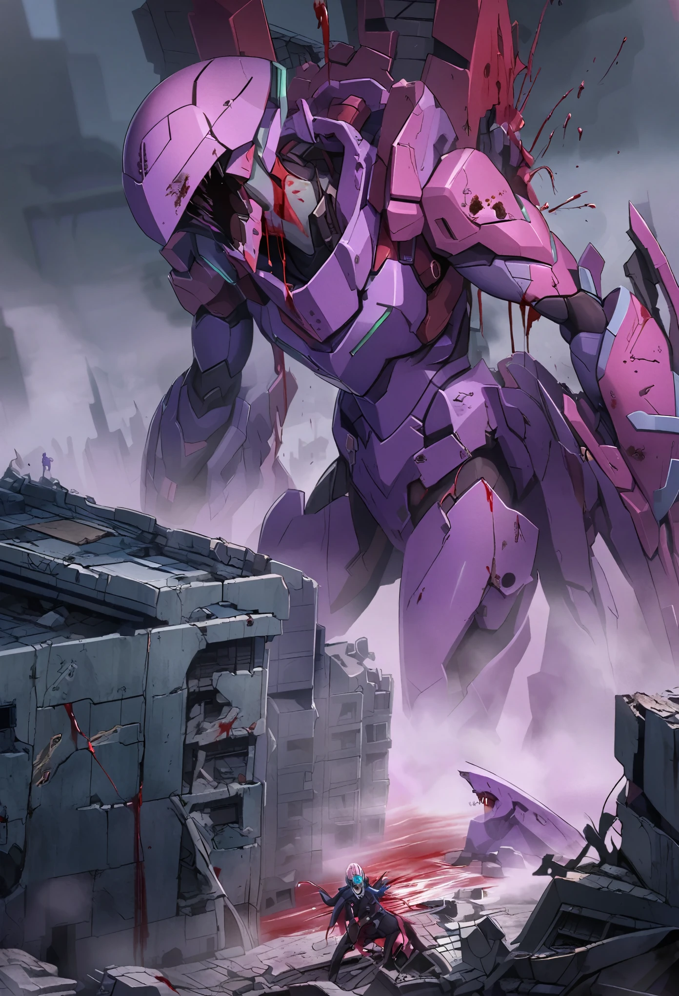 Evangellion, Purple Eva (battle damaged and bleeding blood running from open mouth) shambling out of a mysterious fog, ruins of Neo Tokyo