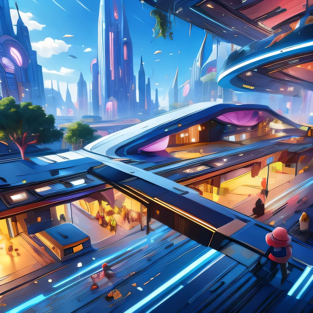 Child-friendly future city design，Futuristic building，Futuristic，Children's style，Disney style