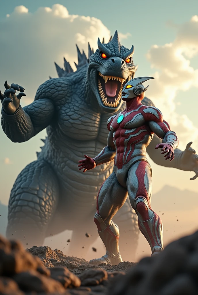 ultraman, ongbak, godzilla, superhero, giant monster, action scene, detailed highly detailed face, muscular body, dynamic pose, powerful energy beam attack, dramatic lighting, cinematic composition, epic scale, cinematic scenery, photorealistic, 8k, hyper detailed, vivid colors, dramatic shadows, volumetric lightinga giant ultraman,choking a massive godzilla monster,highly detailed,epic battle scene,cinematic lighting,dramatic Tilt shift photography ultraman riding godzilla,godzilla mouth ripped open,brutal fight scene,cinematic lighting,highly detailed,realistic,photorealistic,extremely detailed,4k,8k,high resolution,best quality,masterpiece,ultra detailed,sharp focus,intense colors,dramatic shadows,dynamic composition,hyper realistic,cinematic angles,action poses,cinematic atmosphere,intricate textures,vibrant colors,extremely detailed,4k,8k,photorealistic,studio lighting,physically-based rendering,hyper-detailed