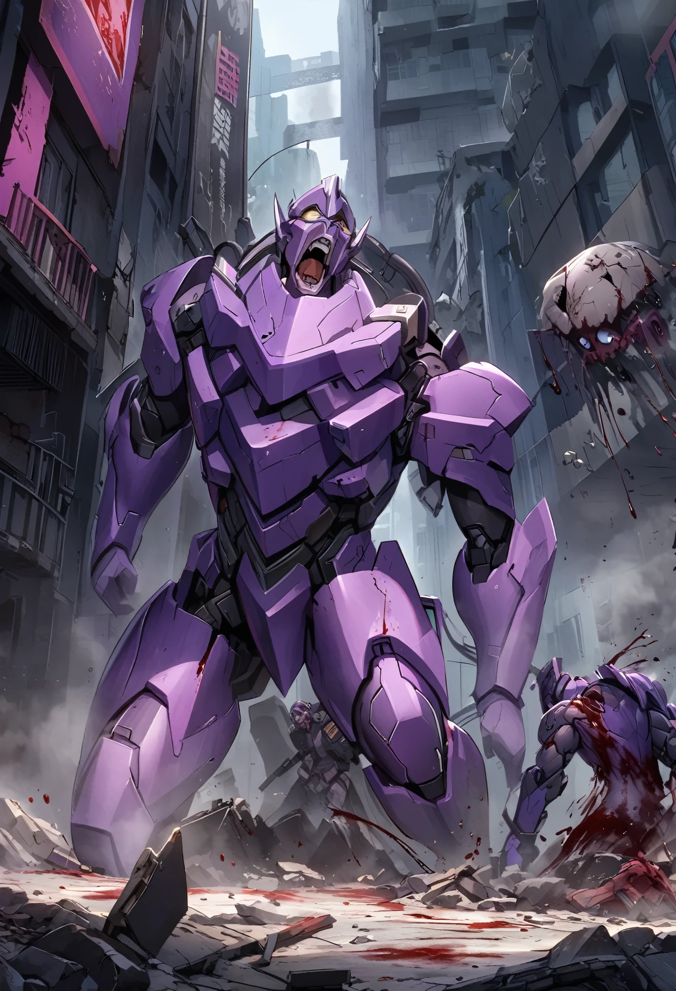 Evangellion, Purple Eva (battle damaged and bleeding blood running from open mouth) shambling out of a mysterious fog, ruins of Neo Tokyo
