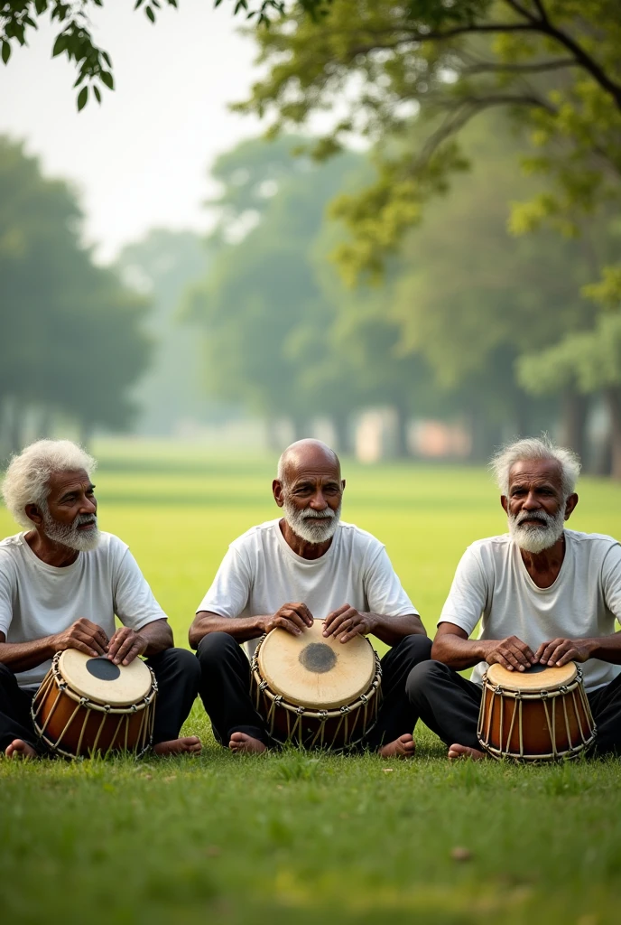 Imagine 3 old uncles sitting and chilling under a tree with their dhol musical instruments. At a open field. Shot type: wide shot. Clothes: white t-shirt and black pants