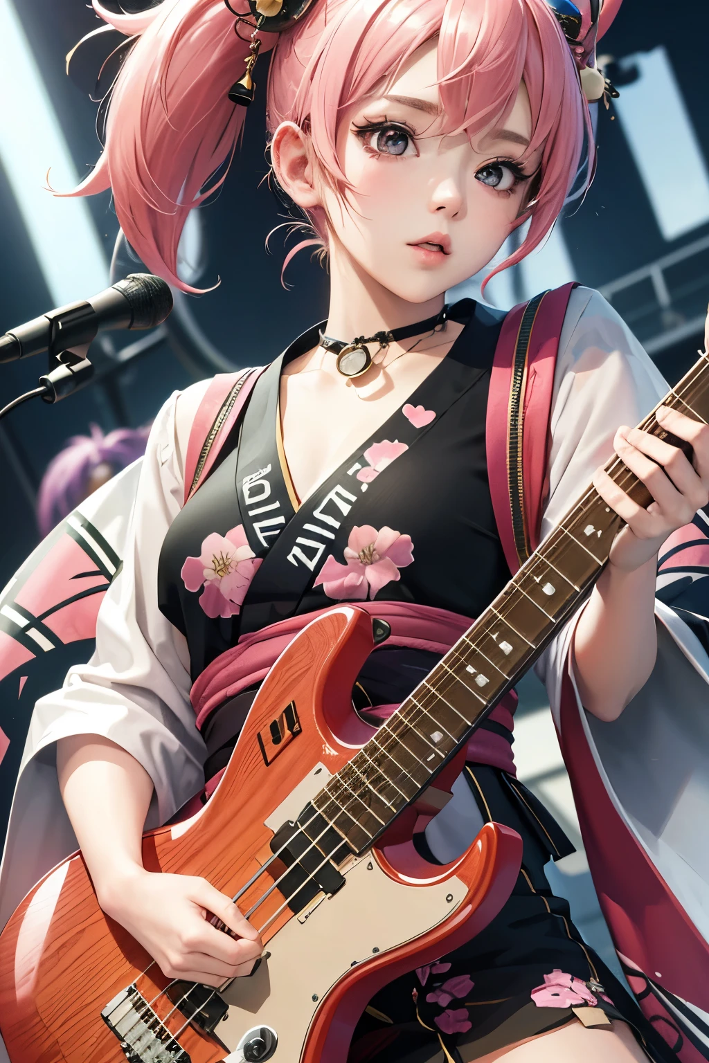 masterpiece, best quality, very detailed, high resolution, expensive resolution, high resolution, 4K, 8k, Unity 8k wallpaper, highly detailed CG, masterpiece, 2D, 3D, beautiful details, depth, fine texture, best quality: 1.3, perfect focus, crispy skin, he,
Very cute anime girl, girl playing baseguitar vocals in a band wearing a Japanese fancy floral haori hakama, on outdoor stage, full body, expensive pink twin tail hair, mole under eye, looking at the viewer, expensive, blush, mole, lips open, , heart choker, pink eyes, guitar vocals, stage,Full body of an anime girl with pink twin-tailed hair wearing a Japanese kimono and playing a bass guitar on stage at a cyberpunk festival