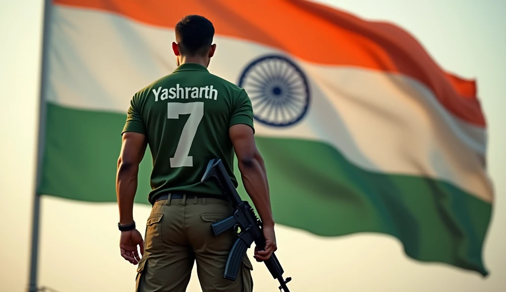 A huge tricolor flag of India is waving, in front of it an 18 year old army soldier is standing facing the flag, he has an AK-47 in his right hand and he has huge biceps and the boy wore a gr T-shirt Has happened, on which 'Yasharth' is written and 7 is written below 'Yasharth'. Wearing army cargo pants and his backside is visible and remember this flag is completely visible