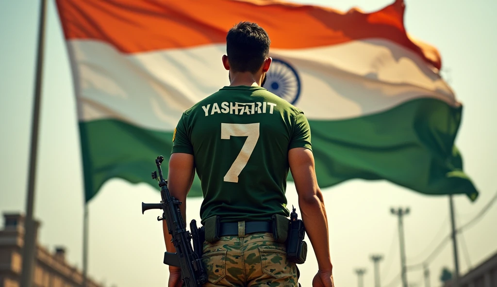A huge tricolor flag of India is waving, in front of it an 18 year old army soldier is standing facing the flag, he has an AK-47 in his right hand and he has huge biceps and the boy wore a gr T-shirt Has happened, on which 'Yasharth' is written and 7 is written below 'Yasharth'. Wearing army cargo pants and his backside is visible and remember this flag is completely visible