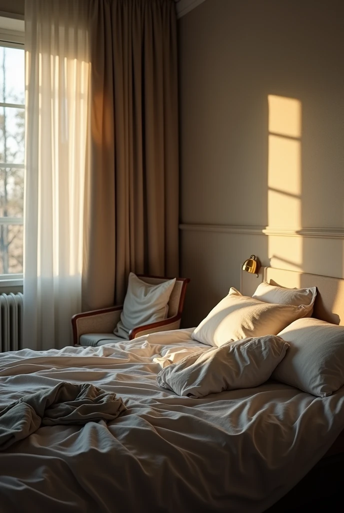 ""A luxurious, slightly disheveled male bedroom with clothes strewn across the floor. The bed is unmade, with pillows and sheets crumpled. A small nightstand holds a vibrating smartphone. A chair with a torn shirt draped over it is visible in the corner of the room. Soft morning light filters through a partially open window, casting soft shadows across the scene. Realistic, cinematic, 8k