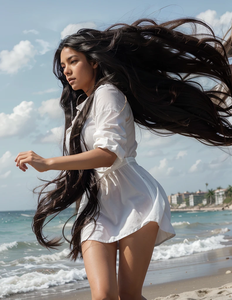 Latina woman in white dress running on beach with very long hair, long black hair windy, wind blowing and hair flowing, young girl in motion, flowing black hair, windy hair, her hair blowing in the wind, with black hair, very long flowing black hair, wind blown hair, windy beach, wind blowing hair, long flowing black hair, 