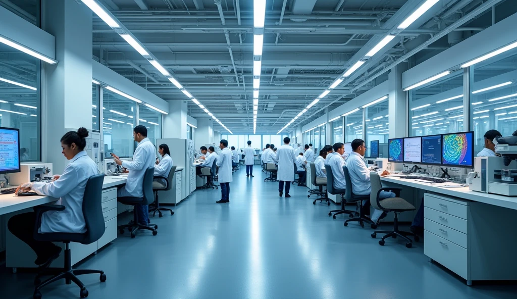 In a sterile laboratory bathed in fluorescent light, scientists in white coats meticulously pipette colorful liquids into rows of test tubes. The air hums with the whir of centrifuges and the soft beeping of high-tech equipment. Nearby, a team huddles around computer screens displaying complex molecular structures, discussing potential drug candidates. Through a glass partition, a production line churns out precisely measured pills, while quality control experts scrutinize samples under powerful microscopes. In an adjacent office, marketing executives and researchers pore over clinical trial data, strategizing how to navigate the lengthy approval process for their latest breakthrough medication. The entire facility buzzes with a sense of purpose, as minds and machines work in concert to push the boundaries of medical science and bring new treatments to patients around the world.