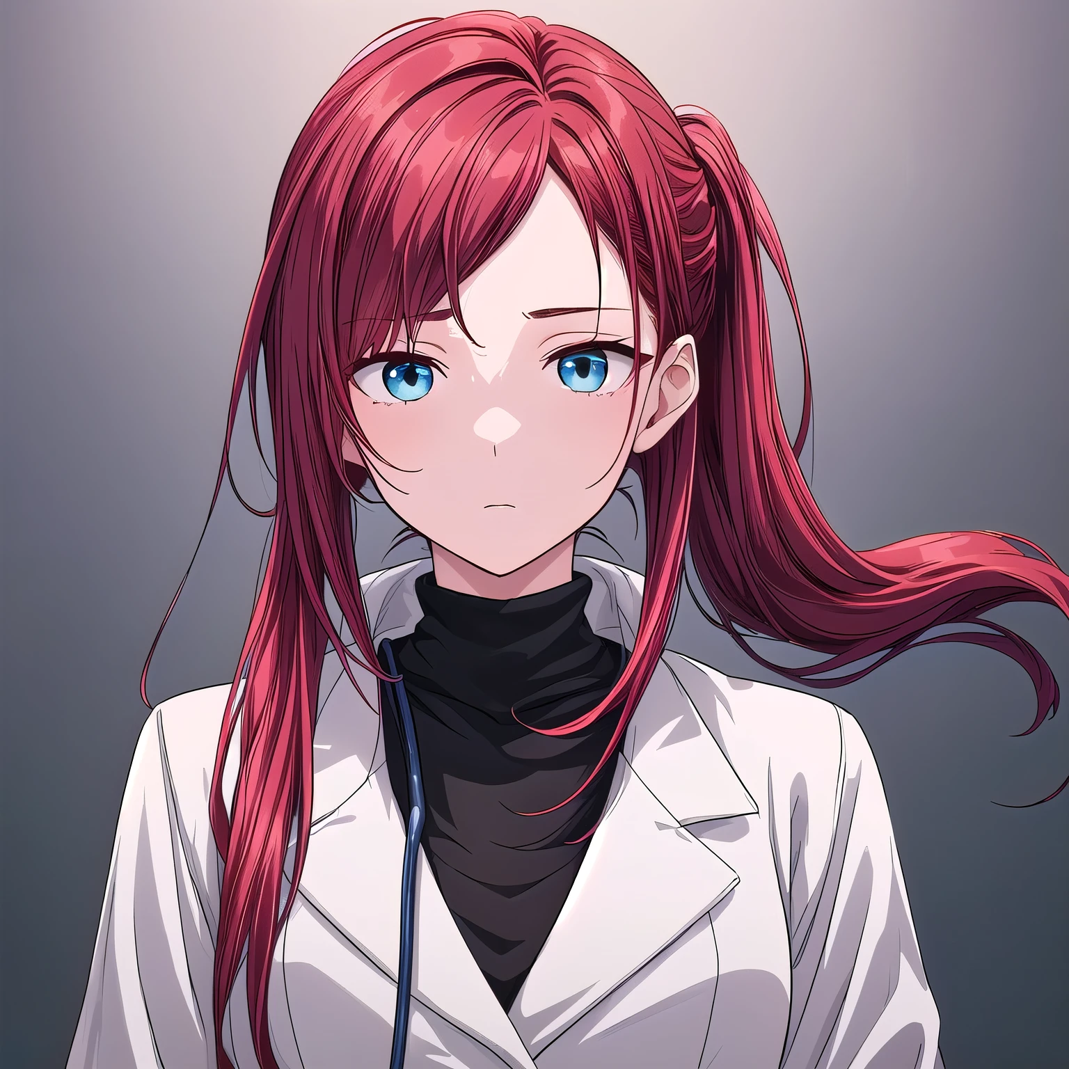 ((masterpiece)), ((Highest quality)), (1 woman), (solo), (upper body), (from front), ((A 26-year-old female doctor with red hair and light blue eyes.), Cool beauty, (Beautifully detailed, long, droopy eyes), ((Center parted bangs)), ((She is wearing her hair in a ponytail at the back of her neck.)), blank, ((Female doctor in white coat)), (doctor), (Black turtleneck), blank, Detailed portraits of anime, Beautiful adult woman with droopy eyes, ((Expressionless)), (empty eyes), ((Super detailed)), (anime:1.1)