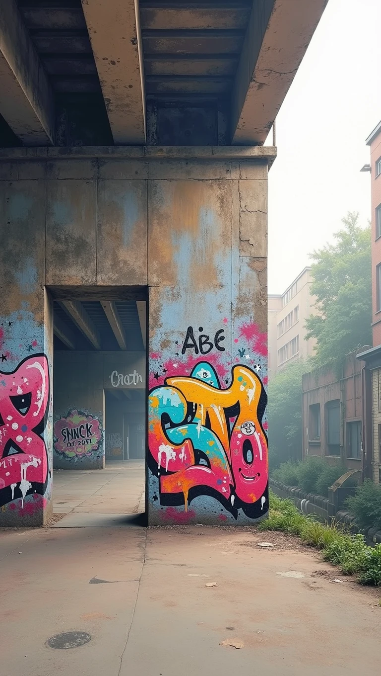 Under Birmingham digbeth Railways Bridge, graffiti , haze, mist, diffusion light, bright golden hour, oil painting , Turner style