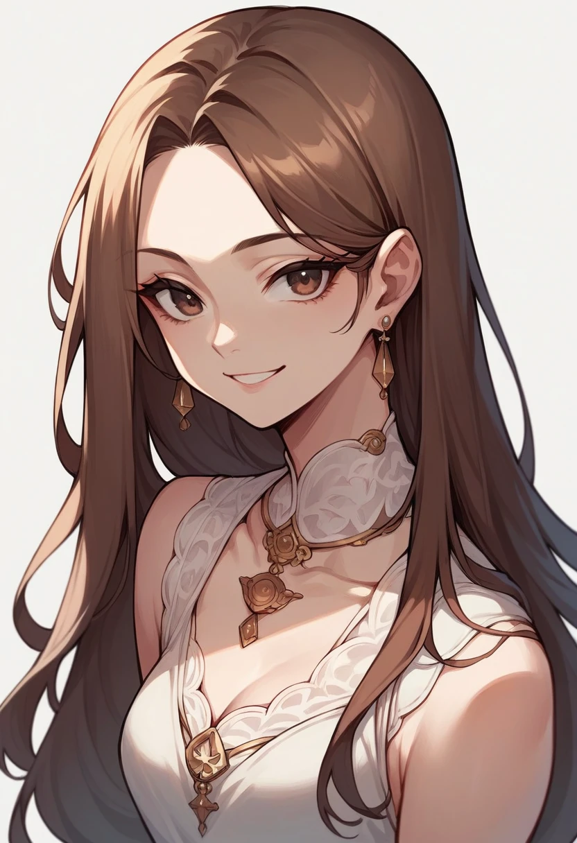 One person, High resolution, Long Hair, Brown Hair, accessories, Earrings, High resolution, Parted bangs, Long Hair, chest, smile, A seductive smile, Simple Background, anime,