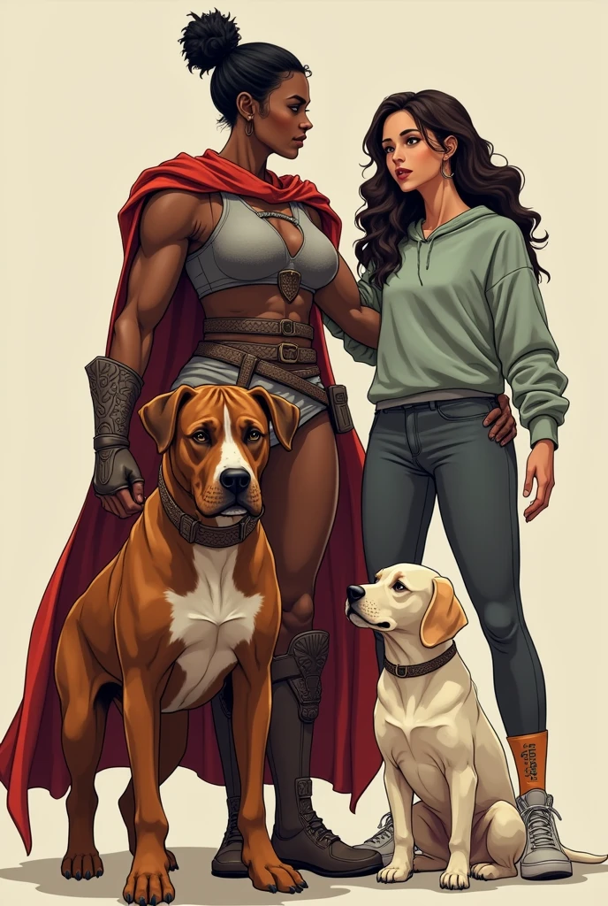 A lesbian warrior, with brown skin and hair tied in a bun, along with a big brown dog that has a white stripe on its face. I saved your girlfriend, a princess in a sweatshirt and a tattoo on her arm, With Long, Curly Hair, along with your small, white, and fluffy puppy 