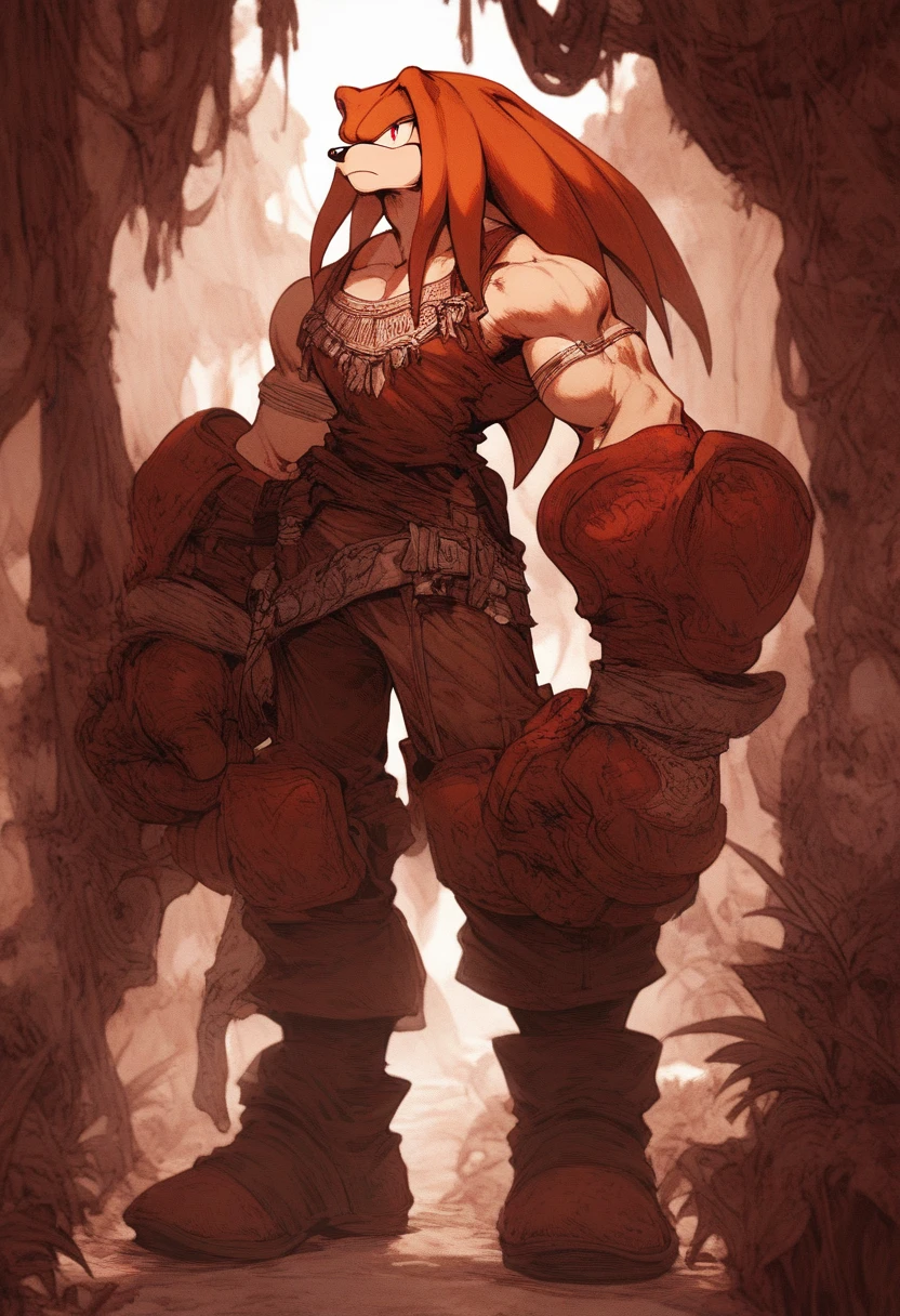 a anthropomorphic furry red echidna buff,muscular wearing a hunter outfit,scars,Sonic the Hedgehog,guardian,Knuckles,thick,90’s style. He’s androgynous, a sensual ,cool expression,full body.The scene has a cool,sweet,sexual,Panzer Dragoon style and a vibrant tone. Jungle setting in the background