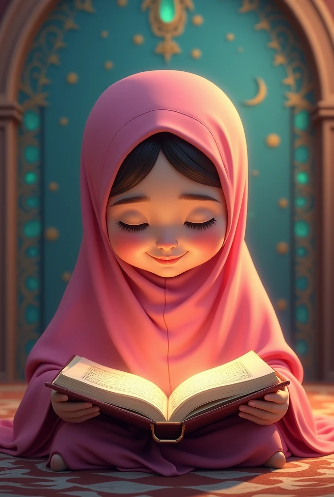 A muslim cute and smiling girl wearing pink scraf reading quran quran is her front on quran stand and also eye catching background 