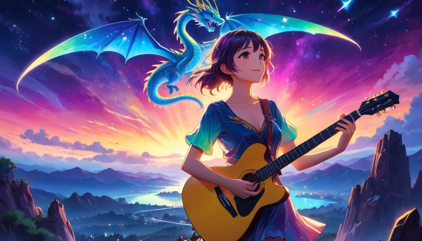 Number of fingers: 5, Colorful sky, An illustration, Anime song thumbnail CG, Uplifting, A funky girl playing the guitar, Exact finger count, Accurate anatomy, Highest quality, 8k, Accurate guitar shape, Correct finger shape, Backlight, Aurora, starry skies, A flying dragon in the background, Serious expression,