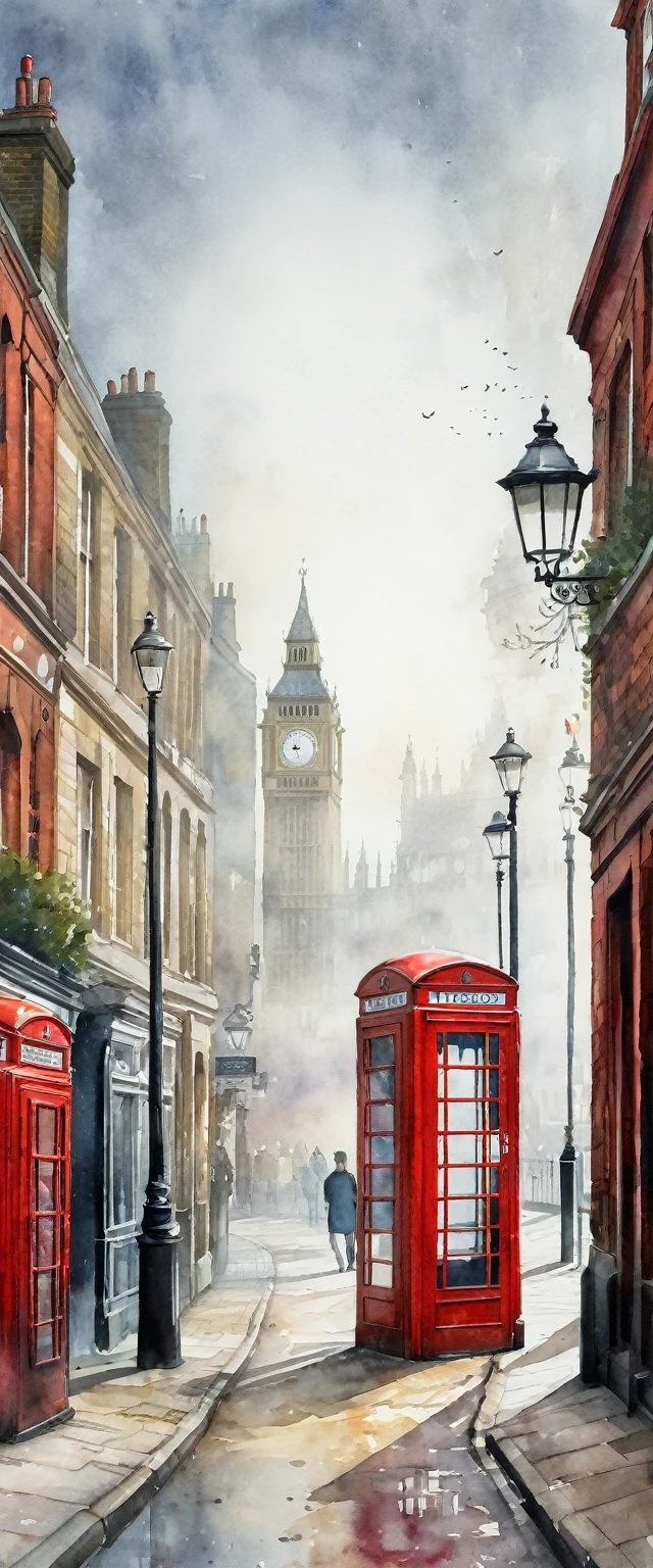 (watercolor), landscape, (fog), London, Red Phone Box, Old Townscape, Romantic, Quiet atmosphere, stage