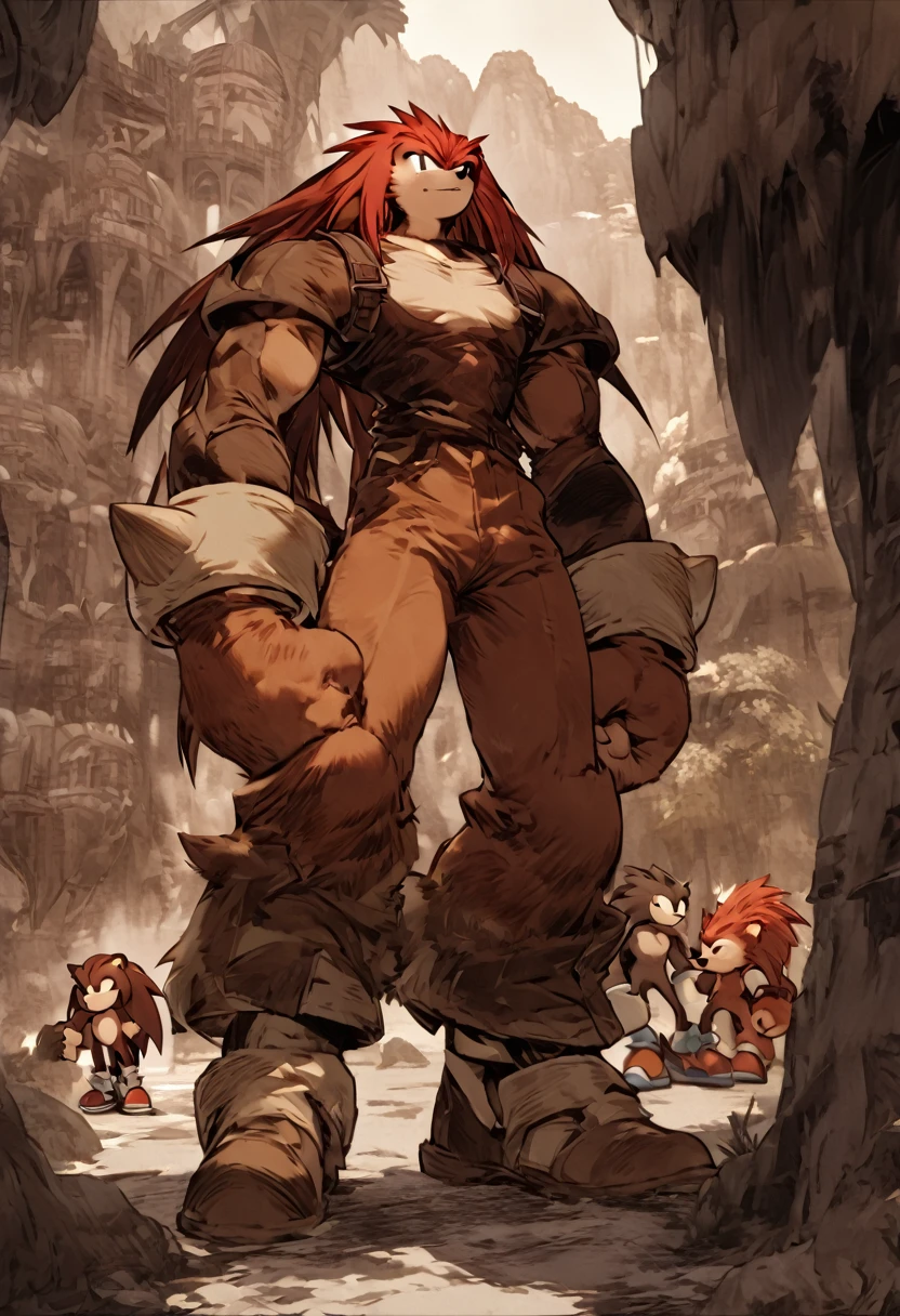 a anthropomorphic furry red echidna buff,muscular wearing a hunter outfit,scars,Sonic the Hedgehog,guardian,Knuckles,thick,90’s style. He’s androgynous, a sensual ,cool expression,full body.The scene has a cool,sweet,sexual,Panzer Dragoon style and a vibrant tone. Jungle setting in the background