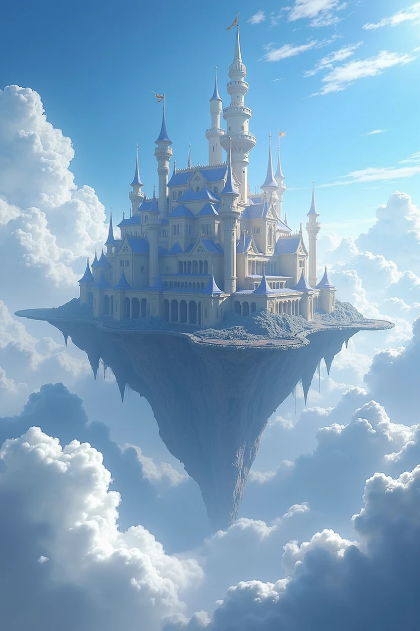 There is a castle in the sky.，There are a lot of clouds around, Feiyun Castle, A huge floating castle, Dream Castle, high Dream Castle, Flying Castle, Magic Castle, Castle floating in the air, Sky Castle Style, An epic castle with towering spires
