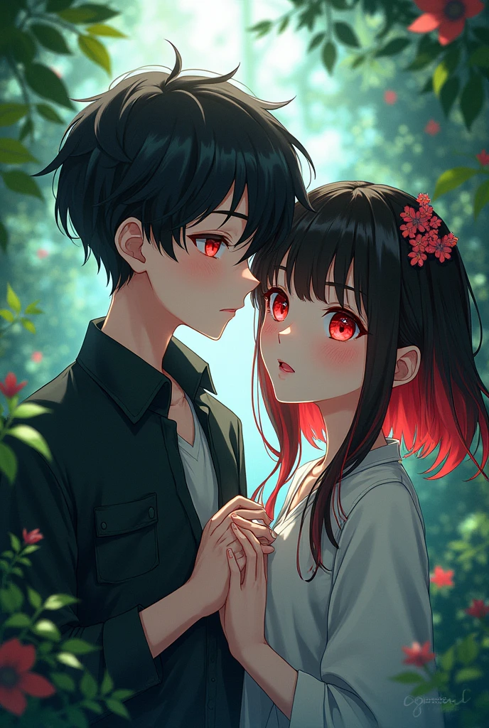 Anime boy and girl, black red mixing hairs red eyes,plants in background, age 15 myth