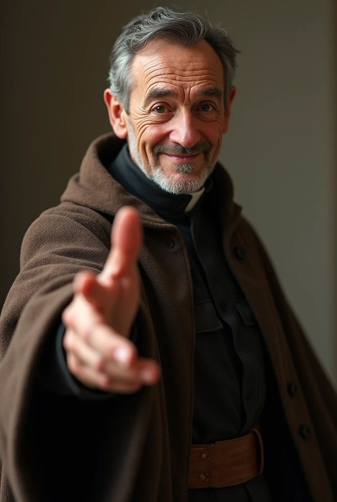 (photorealism:1.2), Don Bosco facing towards you and reaching out his hand towards you