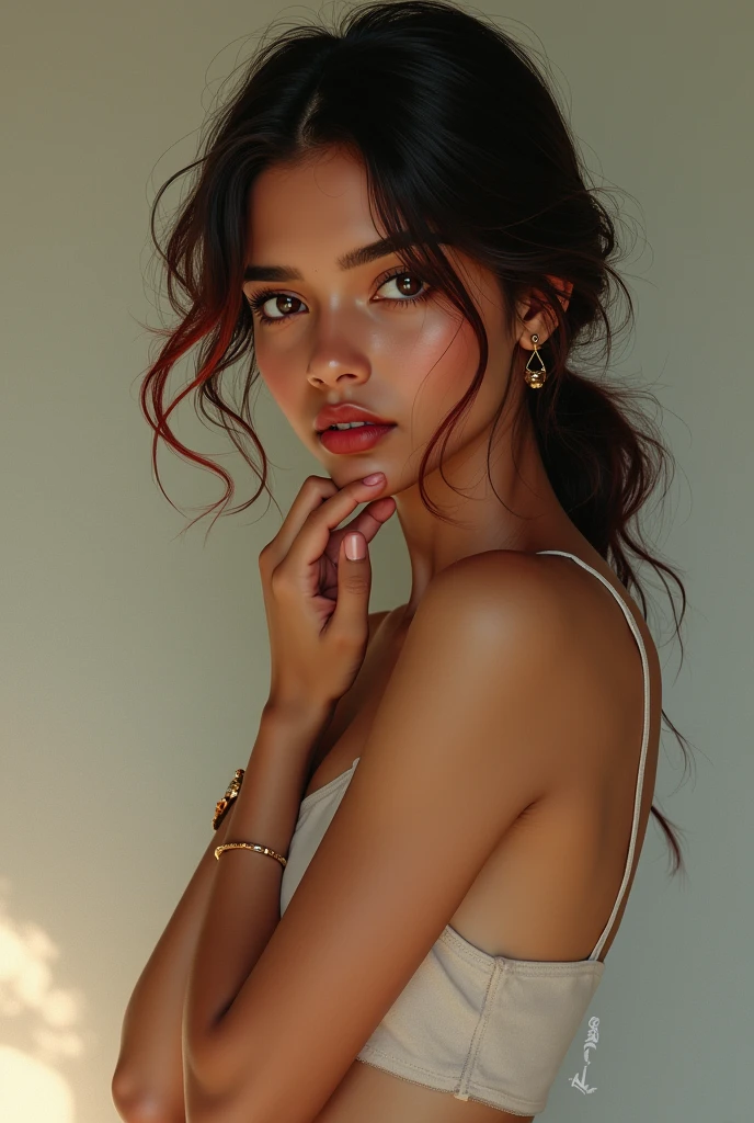 A girl is from karnataka Having a  build or slender figure might be proportionate, with a focus on her eyes bright, expressive, and  Her hair might be dark or have a reddish tint and having a graceful or artistic way of moving with a sense of elegance and poise