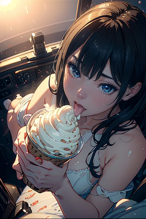 a delicate, detailed melting soft ice cream in hand, erotic, ahegao expression, yuri, solo, cinematic, extremely detailed, sensual, provocative, photorealistic, hyperrealistic, hyper detailed, ultra-detailed, high quality, 8k, best quality, masterpiece, professional, realistic, vivid colors, studio lighting, physically-based rendering, sharp focus