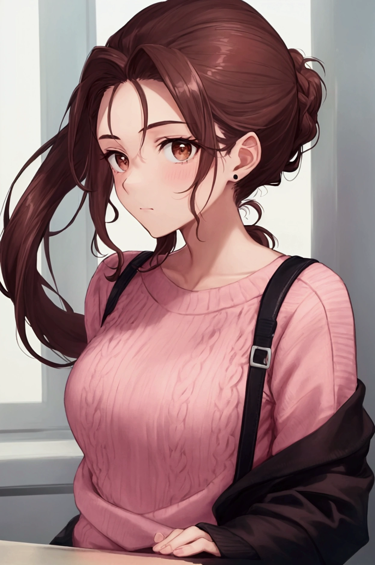 1 guy. Brown eyes. scar on his right eye. Brown wavy hair tied in a ponytail. pink jumper, black trousers. 