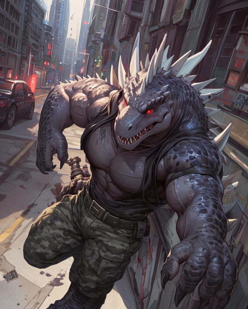 solo, anthro, furry male, t-rex, ((Spiny scales, scales, detailed muscles)), (T-Rex print), black scales, white belly, spiny scales, standing up, bodyguard outfit, black claws, red eyes, slit eyes, slim fit, muscular slim, street, crazed look, menacing, raging, angry, detailed eyes, pecs, tail, long tail, looking away, (Masterpiece, by null-ghost, hi-res, 8k), tight black shirt, camo pants, face sideways, leaning forward, oil stain, military outfit, seen from above, upward pov,