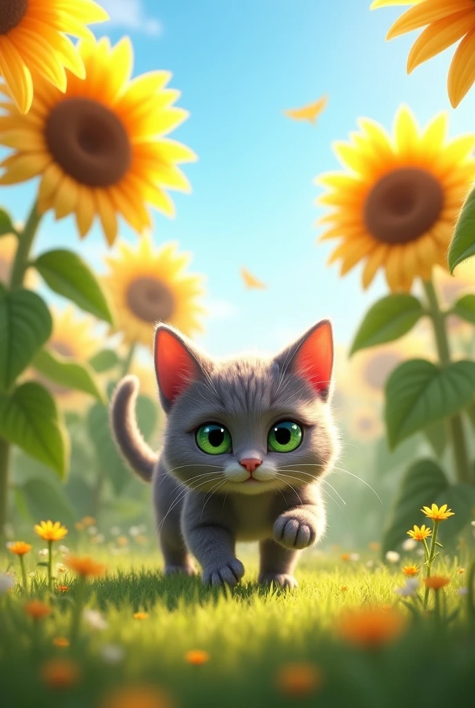 Gray cat Kitee with green eyes playfully pounces near tall sunflowers on a sunny day.”
Will be same character