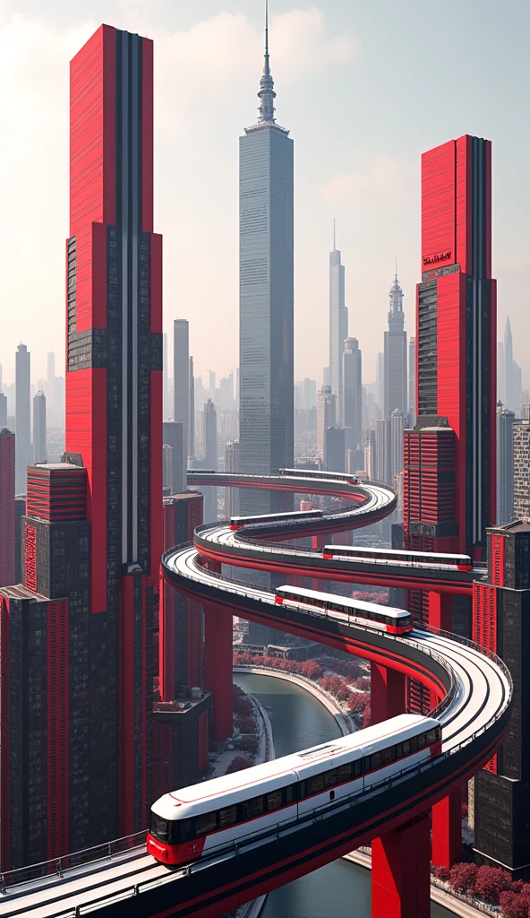 It is a city with red, black, and white alternating perfectly. The city looks similar to Taiwan but is more modern. There were electric trains floating in the air all over the city.