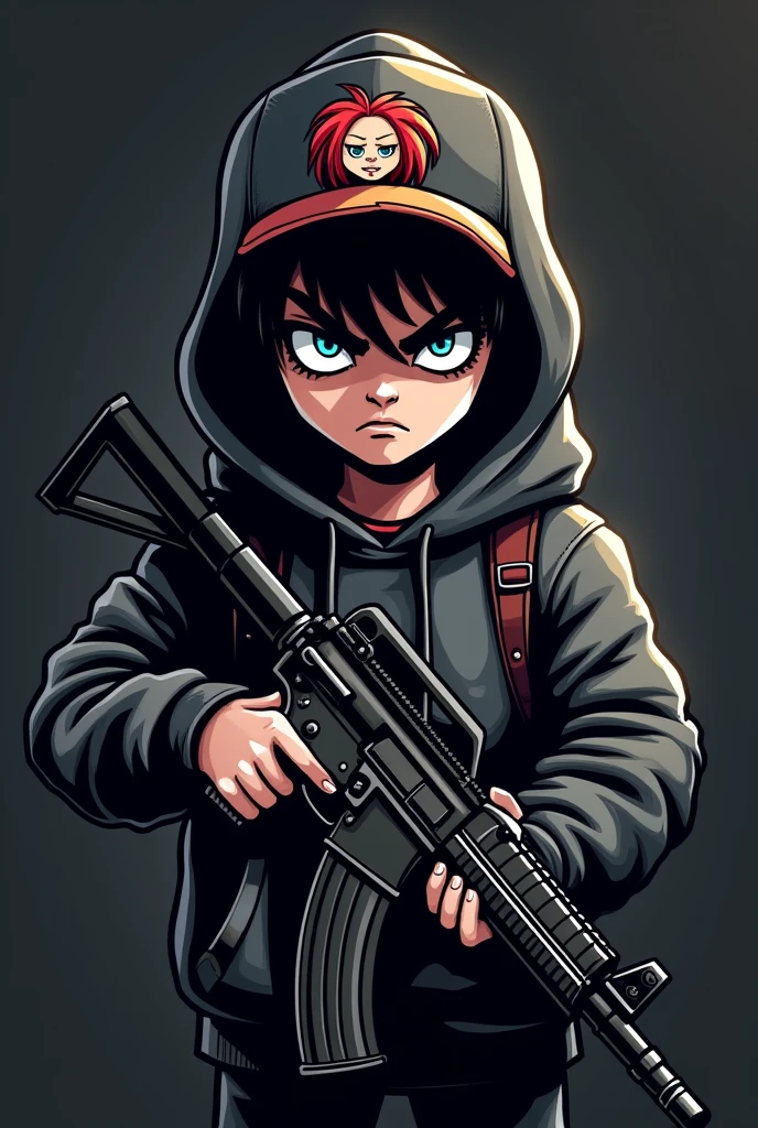 Create a mascot logo where the mascot is a black-haired gamer boy wearing a hoodie, carrying an AK-47, and wearing a cap with a Chucky doll.
