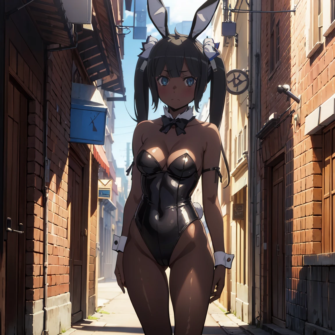 1girl, masterpiece, highly detailed, absurdres, illustration, game cg, solo, hair ribbon, looking at viewer, blush, city street, (bunny), bunny ears, strapless leotard, detached collar, pantyhose, high heels, standing, ((((dark skin)))), cowboy shot, happy,