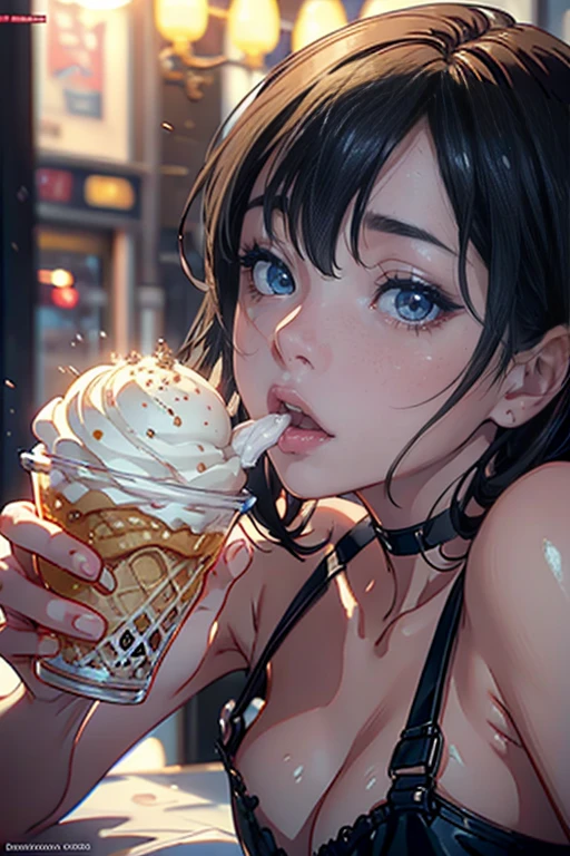 a delicate, detailed melting soft ice cream in hand, erotic, ahegao expression, yuri, solo, cinematic, extremely detailed, sensual, provocative, photorealistic, hyperrealistic, hyper detailed, ultra-detailed, high quality, 8k, best quality, masterpiece, professional, realistic, vivid colors, studio lighting, physically-based rendering, sharp focus