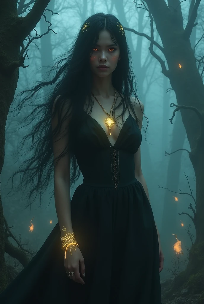 A hauntingly beautiful woman with long, flowing dark hair adorned with small, glowing gemstones is seen in a close-up amidst a dense, eerie fog in a mystical forest. Her eyes are the focal point, glowing with an intense, magical light that pierces through the surrounding mist. She wears a flowing, dark, and elegant dress, and her face is partially obscured by the fog, adding to her enigmatic aura. Her glowing jewelry, including a radiant pendant, luminous bracelets, and shimmering rings, casts a soft, magical light. The forest background is filled with twisted trees and faintly glowing magical runes etched into their bark. Strange, luminescent plants and ethereal, glowing creatures can be seen faintly through the thick fog. The overall mood is mysterious and slightly ominous, with muted colors and soft, magical lighting enhancing the sense of fantasy, enigma, and intrigue