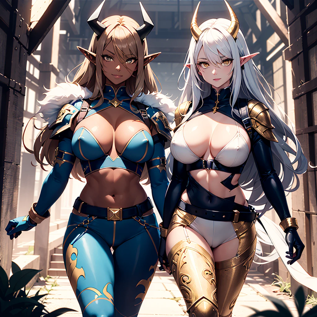 ((best quality)), (detailed), 1 women big star heavy knight armor, 8k_wallpaper, extremely detailed eyes, (large masterpiece digital art), (intricate details:1.3 ), (ultra-detailed:1.3), (sharp focus:1.3), (natural lighting:1.05), (vivid colors:1.3), (best quality:1.4), expressive eyes, full body, detailed face, beautiful face, perfect face, ((hair sandy white curls)), ((gold horns)), (gold eyes), {{dark skin}}, ({dark skinned female}), (big uge chest, big wide ass, powerful ref muscles of the abdomen and legs, powerful strong muscles of the arms, belly piercing with blue emeralds, cruel predatory and cold-blooded arrogant look and smile, an open blue coat with rolled up sleeves and white fur, a translucent blue crop top with very clear outlines of huge pointed nipples with largeng holes under the fabric, steel combat pauldrons, steel bracers and leather gloves, a wide silk yellow belt lowered below with large gold yarn, leather pants with steel silver shields on the hips under which I can see the clear outlines of a large vagina, a small hiking ba, a walk at dusk through a dense dark forest and the ruins of an elven village against the backdrop of vines and blooming flowers glowing in the dark in different shades,