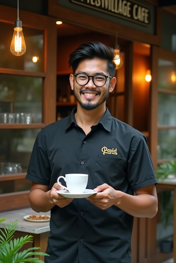 created a hensom man with a slightly medium body, glasses, Malay face, 27 year, very little short, thin, and neat beard and mustache. Barista shirt, he was a restaurant waiter who delivered a cup of warm coffee, The Barista Shirt making word Gold inscription "payid", the background is outside village cafe. the image is very detailed, super HD