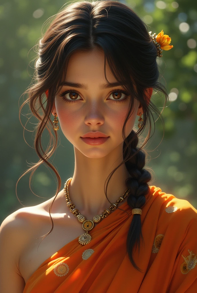 A girl is from karnataka Having a build or slender figure might be proportionate, with a focus on her eyes bright, expressive, and Her hair might be dark or have a reddish tint and having a graceful or artistic way of moving with a sense of elegance and poise