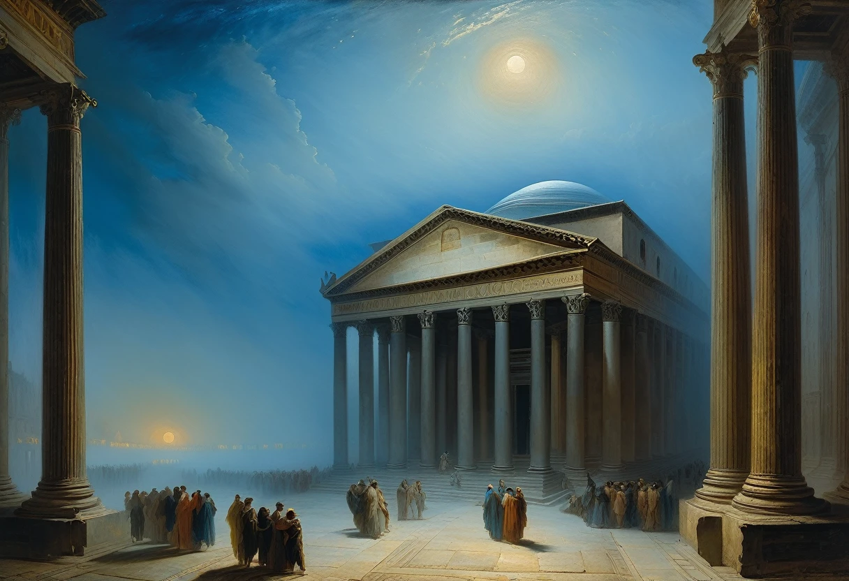 The old ancient pantheon
shrouded in a mysterious blue fog at full moon (inspired by William Turner)(masterpiece, top quality, best quality, official art,
 beautiful and aesthetic:1.2) very dark colorful, ((oil painting palette)) extreme detail, perspective, 8k