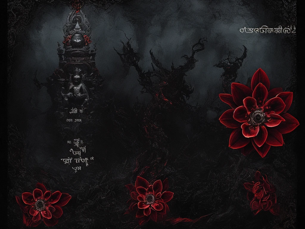 "Design a book cover featuring a mysterious and magical demonic flower with dark black and crimson petals glowing faintly in dim light. The flower exudes dark, mystical energy. The background has swirling fog, shadowy figures, and dark energy. At the top, the book title 'कंदर्प' is written in elegant, ominous Hindi script, glowing slightly to match the eerie theme. At the bottom of the cover, the author's name 'आकाश रेवले' is written in a subtler Hindi font, blending into the magical and mysterious atmosphere of the cover. The overall mood is dark, supernatural, and enigmatic."