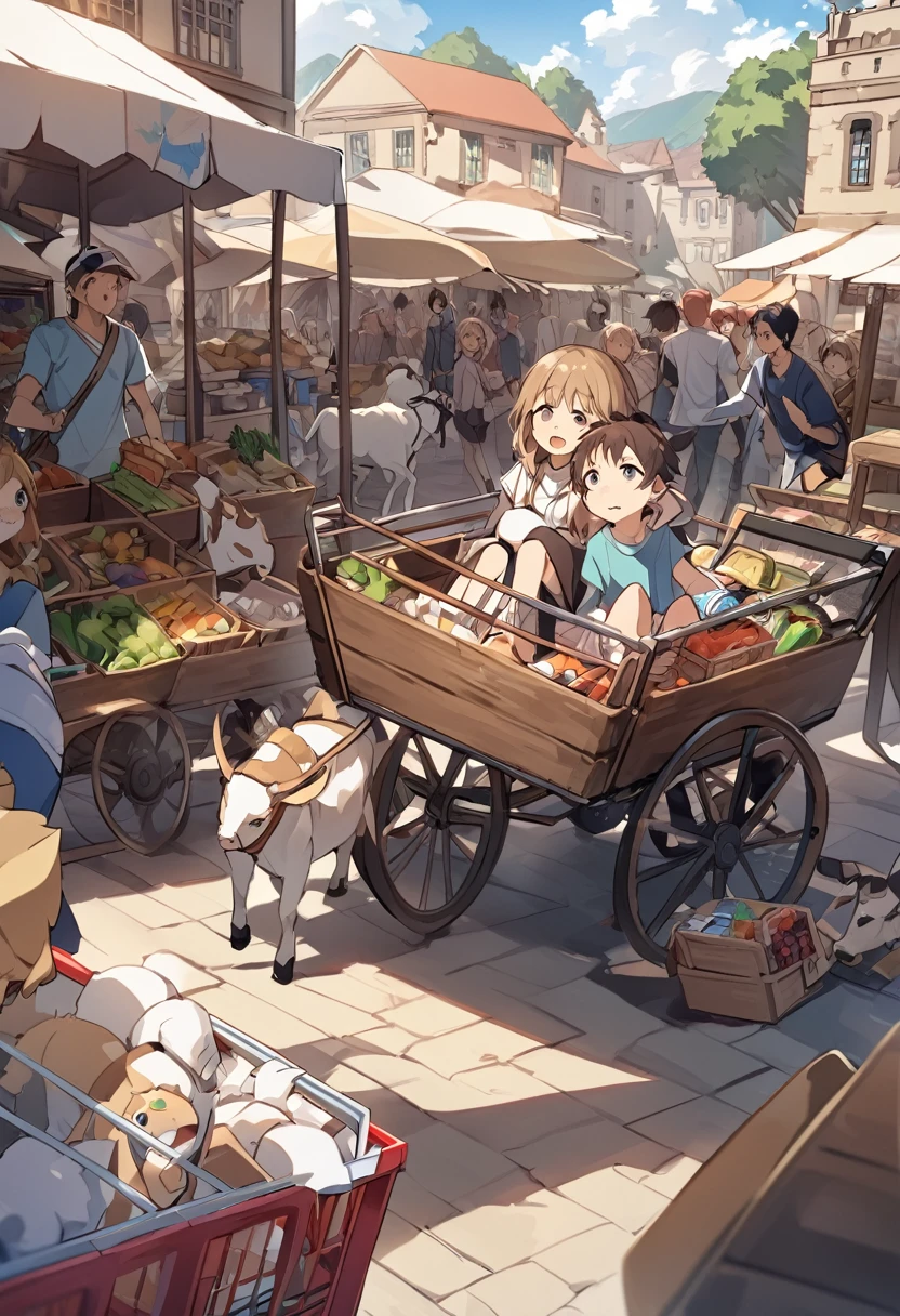 sunny_afternoon, marketplace, cart, goat, ???, cute_???, being_sold, distraught_eyes, don_don_dona, don_don_dana, ???_on_back, don_don_dona, cart_a_trap