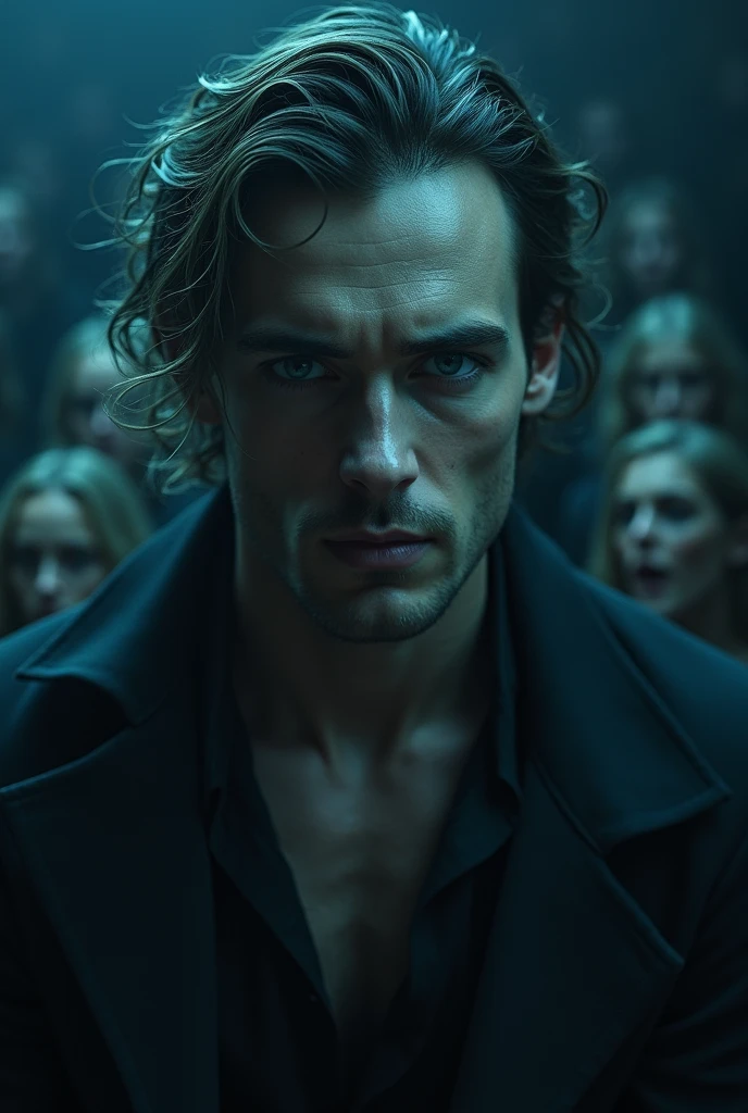 (a man creating Hypnosis spiral from his eyes on many girls sitting in audience
