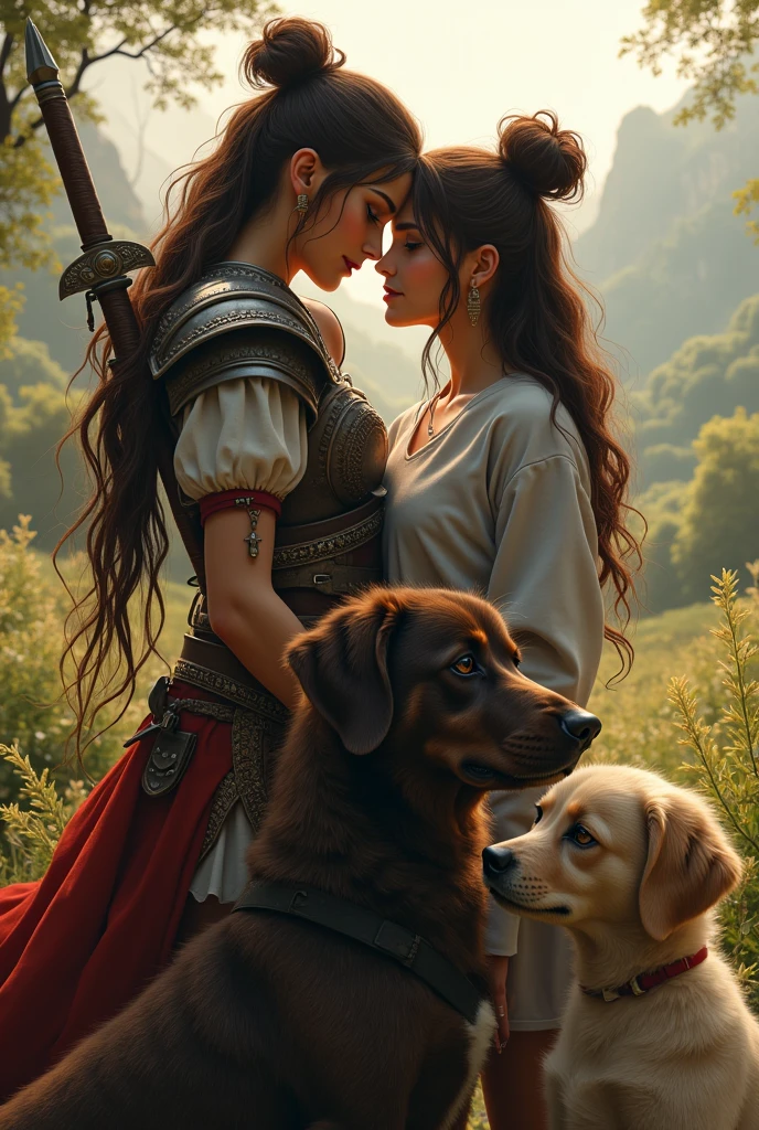 A lesbian warrior, in a romantic moment, she is brunette and has black hair tied up in a bun, along with a big brown dog that has a white stripe on its face. I saved your girlfriend, a princess in a sweatshirt and a tattoo on her arm, With Long, Curly Hair, along with your small, white, and fluffy puppy 
